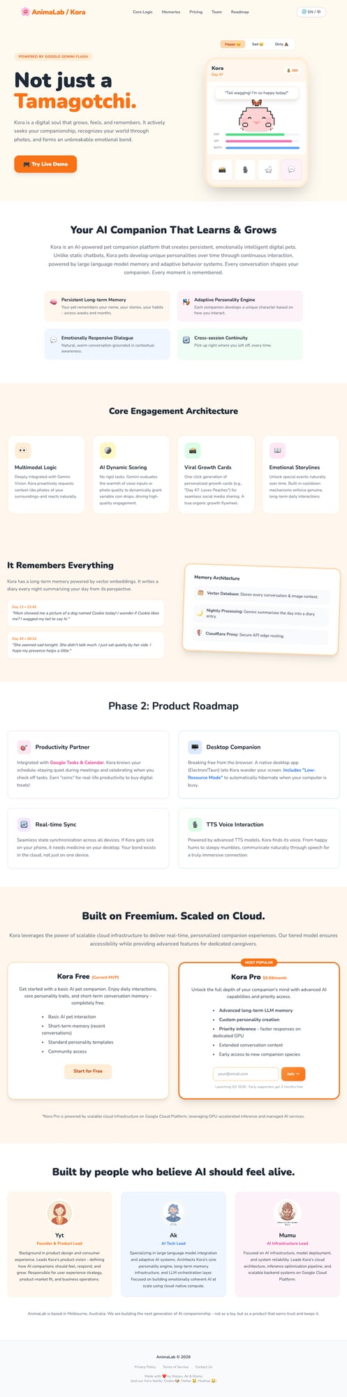 Kora website screenshot showing the product landing page with features and modern design